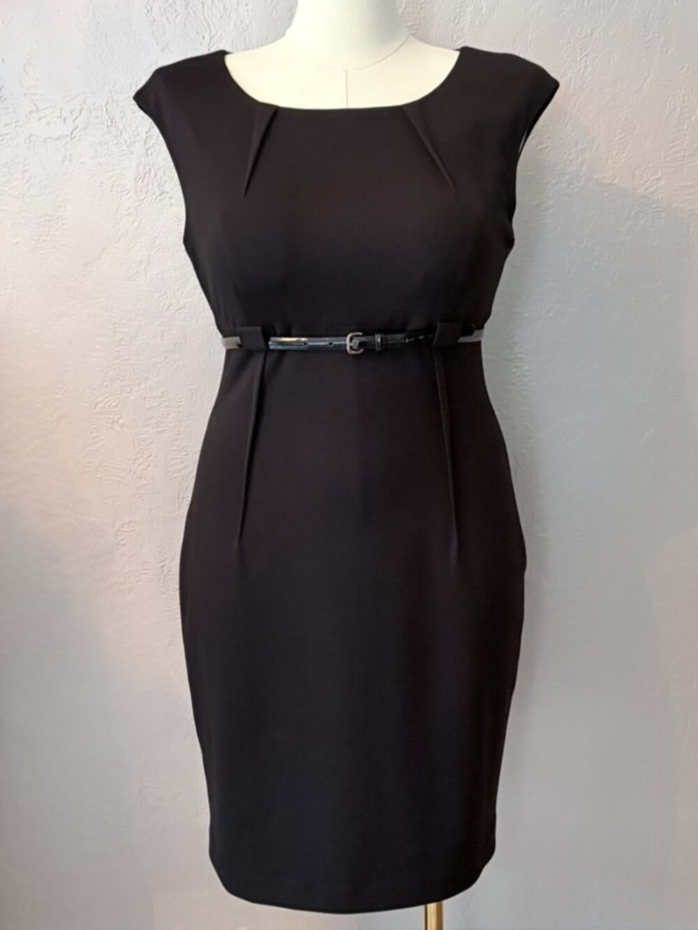 Calvin Klein Black Sheath Dress Belted Minimalist LBD Size 12 NWT
